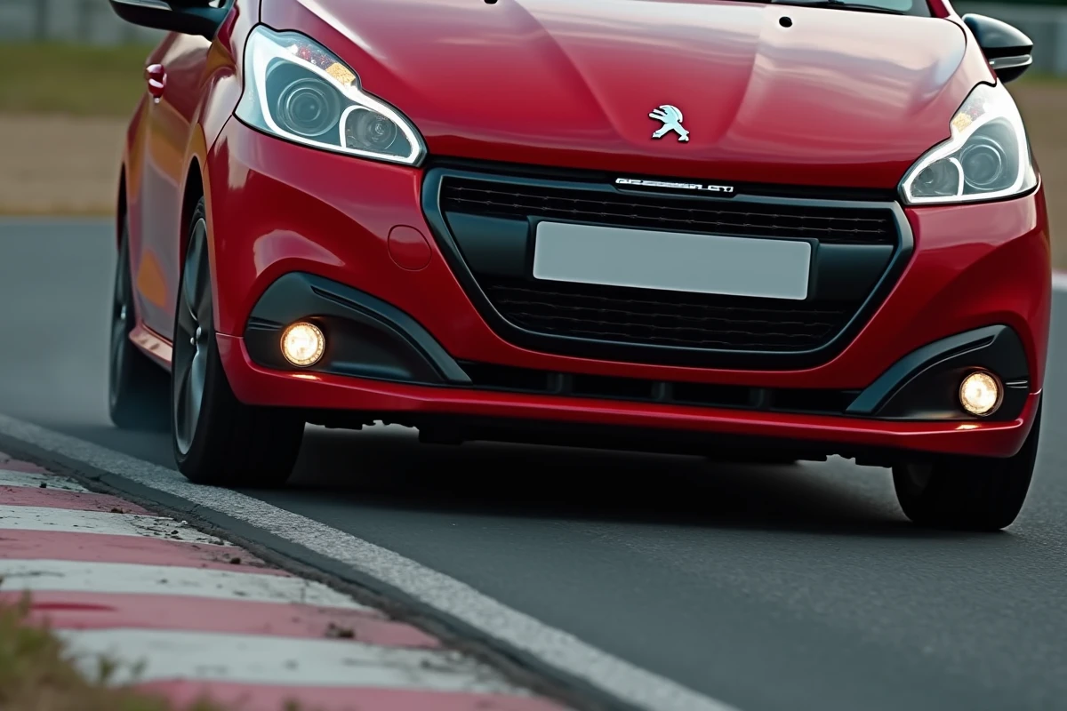 Peugeot 208 GTI en pleine action sur circuit avec sollicitation intense des freins d'origine
