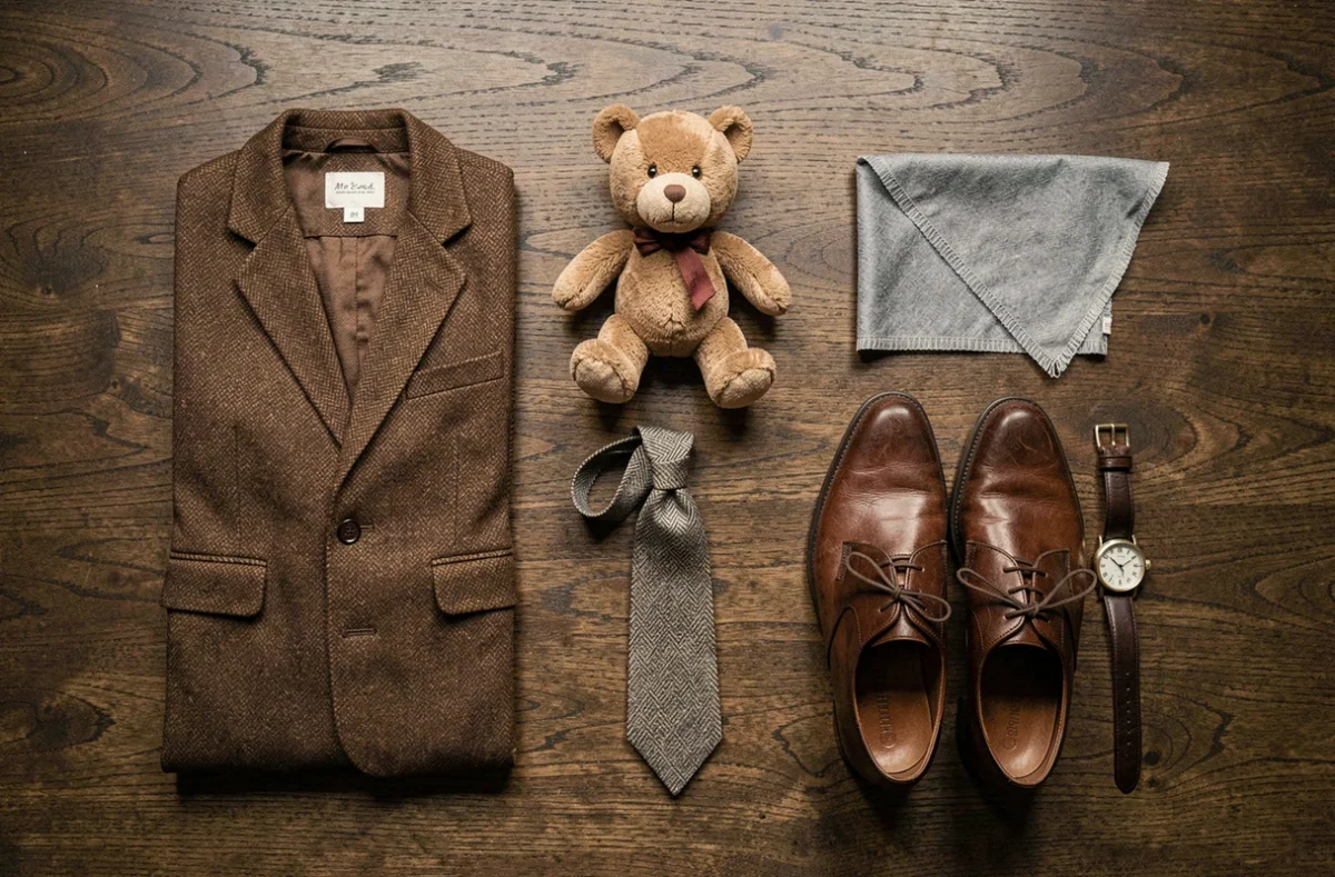 Mise à plat des accessoires indispensables pour le costume Mini Mr. Bean : veste tweed, nounours, cravate et chaussures
