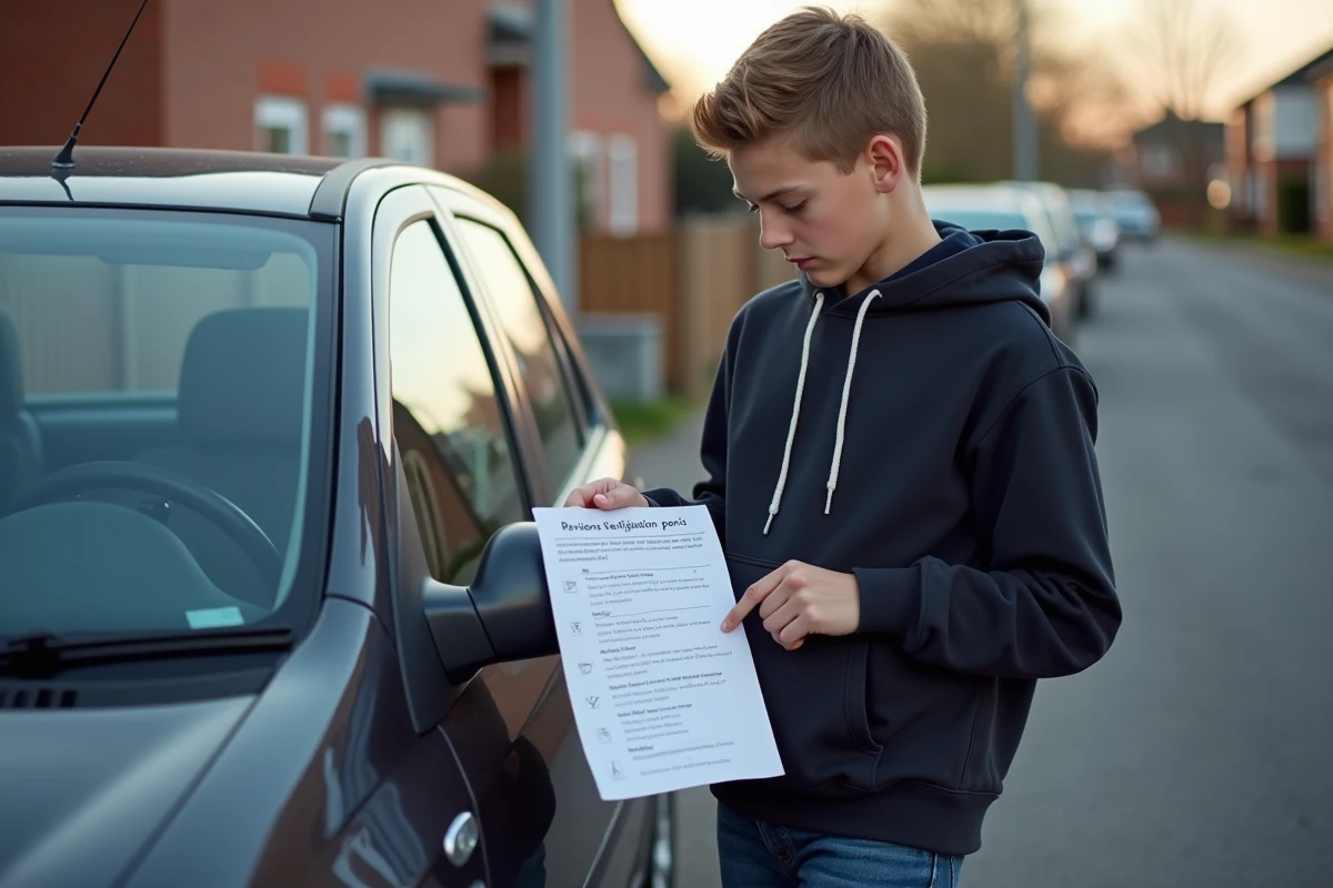Adolescent vérifiant un permis de conduire devant une voiture