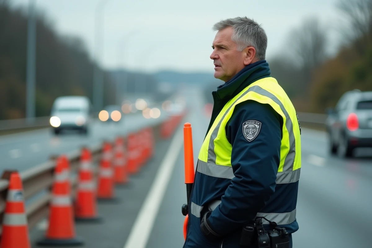 Agent de circulation en gilet jaune gérant le trafic sur le périphérique toulousain suite à un accident