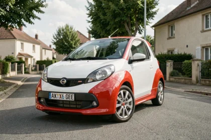 Aixam GTI neuve garée dans une rue pavillonnaire française, vue 3/4 avant