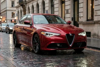 Alfa Romeo Giulia rouge garée dans une rue urbaine sous la pluie, vue de face en trois quarts