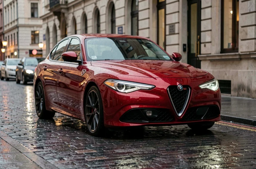 Alfa Romeo Giulia rouge garée dans une rue urbaine sous la pluie, vue de face en trois quarts