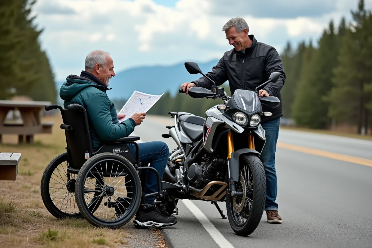 Deux amis dont un en fauteuil roulant planifiant un trajet en moto side-car adapté lors d'une pause routière