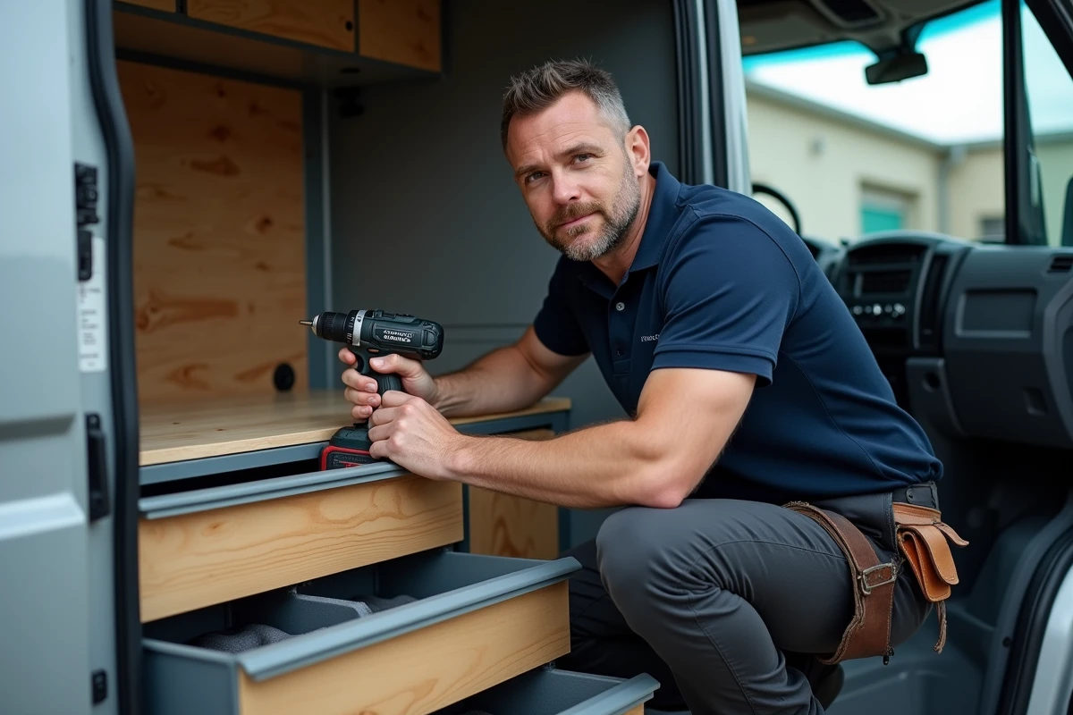 Artisan organisant ses outils dans un tiroir sur mesure à l'intérieur d'un Renault Master aménagé avec rangements modulaires et panneau porte-outils