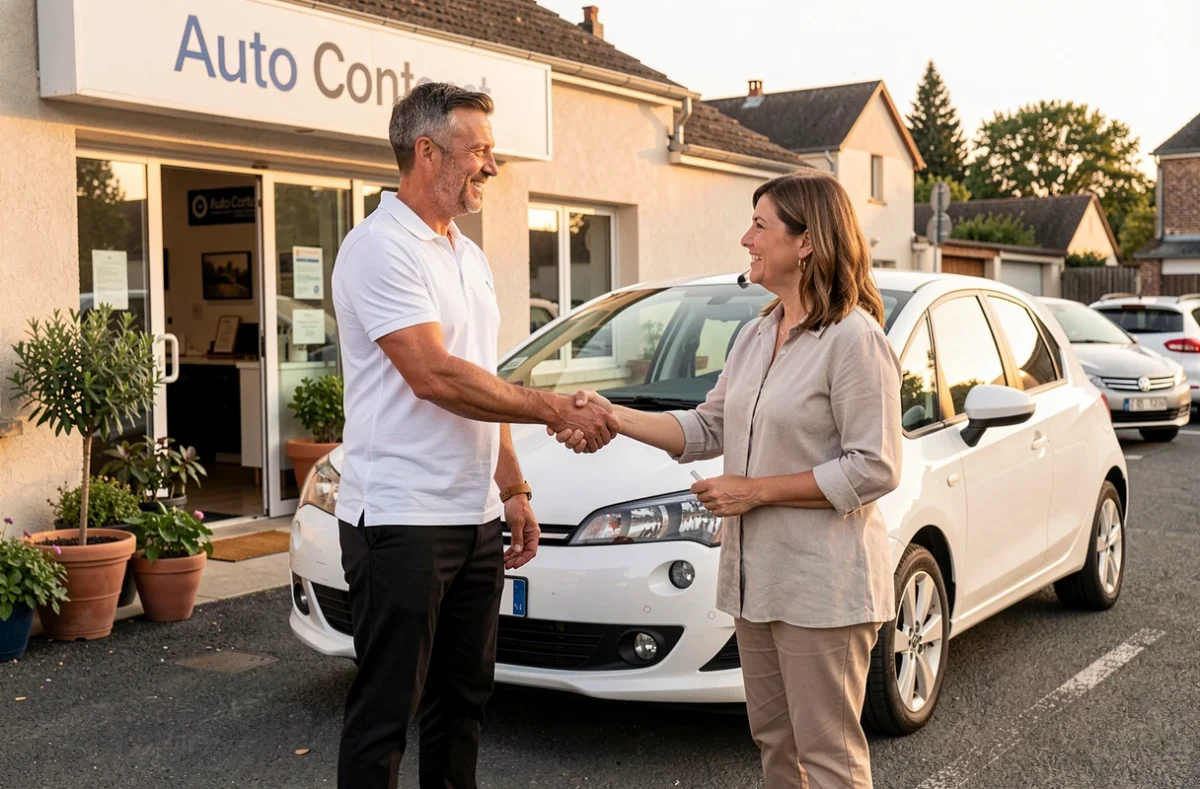 Poignée de main entre un vendeur et une cliente chez Auto Contact devant un véhicule d'occasion dans un lot de banlieue bordelaise