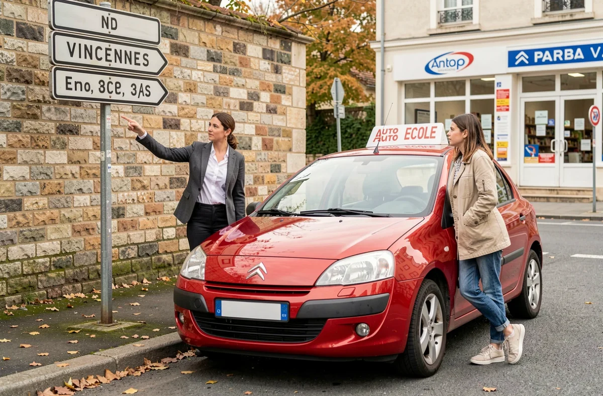 Une monitrice de l'Auto Ecole Diderot à Vincennes expliquant un panneau de signalisation à une élève près d'une voiture école