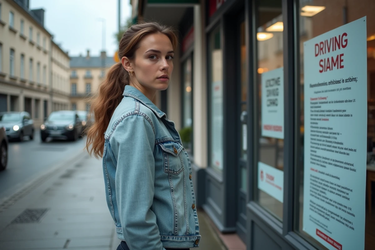 Jeune femme devant une auto-école regardant les informations affichées en vitrine pour reprendre le code de la route après expiration
