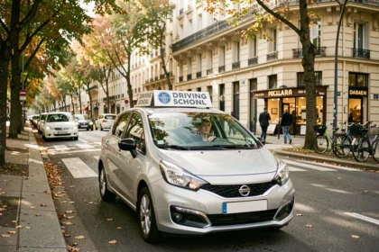 Une auto-école dans le Val-de-Marne avec une voiture d'apprentissage et un moniteur devant un bâtiment parisien typique en automne