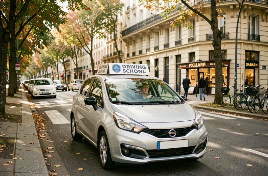 Une auto-école dans le Val-de-Marne avec une voiture d'apprentissage et un moniteur devant un bâtiment parisien typique en automne