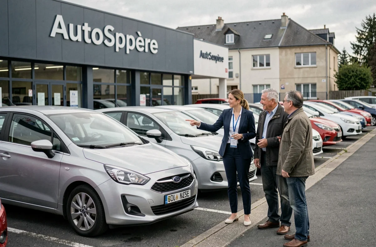 Vendeur de l'agence AutoSphère à Créteil présentant une voiture d'occasion à un couple de clients sur le parking du concessionnaire