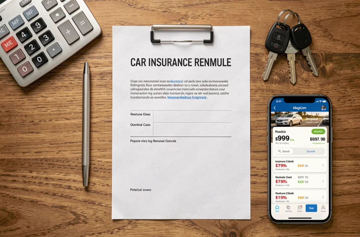 Vue aérienne d'un avis de renouvellement d'assurance auto avec calculatrice, clés de voiture et smartphone