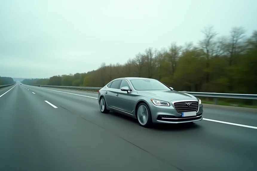 Berline moderne roulant à 130 km/h sur une autoroute française, vue de profil avec flou de mouvement sur les roues