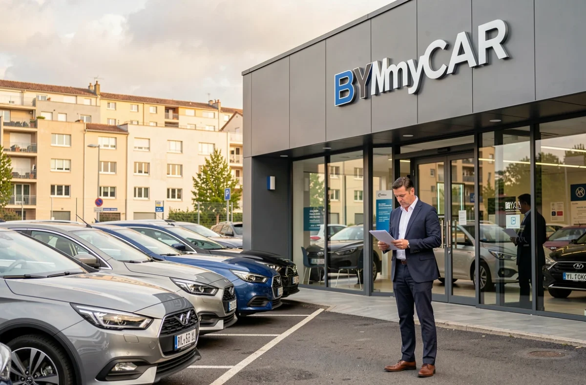 Façade moderne du concessionnaire BYmyCAR à Créteil avec un vendeur en blazer devant des voitures d'occasion alignées sur le parvis