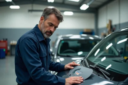 Technicien automobile en uniforme calibrant un système de caméra de pare-brise dans un atelier de réparation vitrerie professionnelle