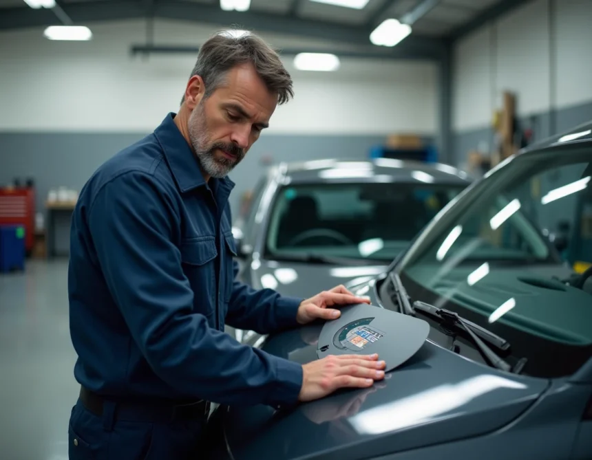 Technicien automobile en uniforme calibrant un système de caméra de pare-brise dans un atelier de réparation vitrerie professionnelle