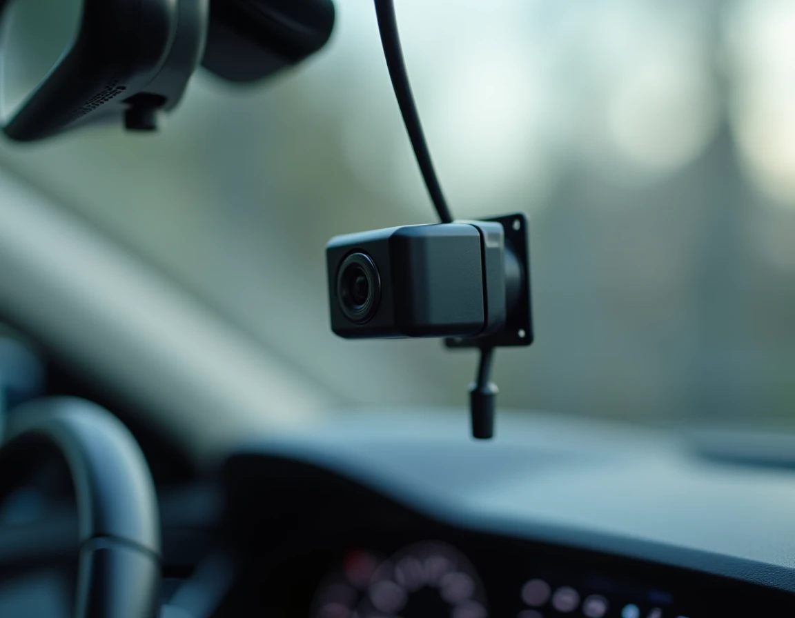 Gros plan sur une caméra ADAS fixée à la base d'un pare-brise automobile neuf après installation et calibration