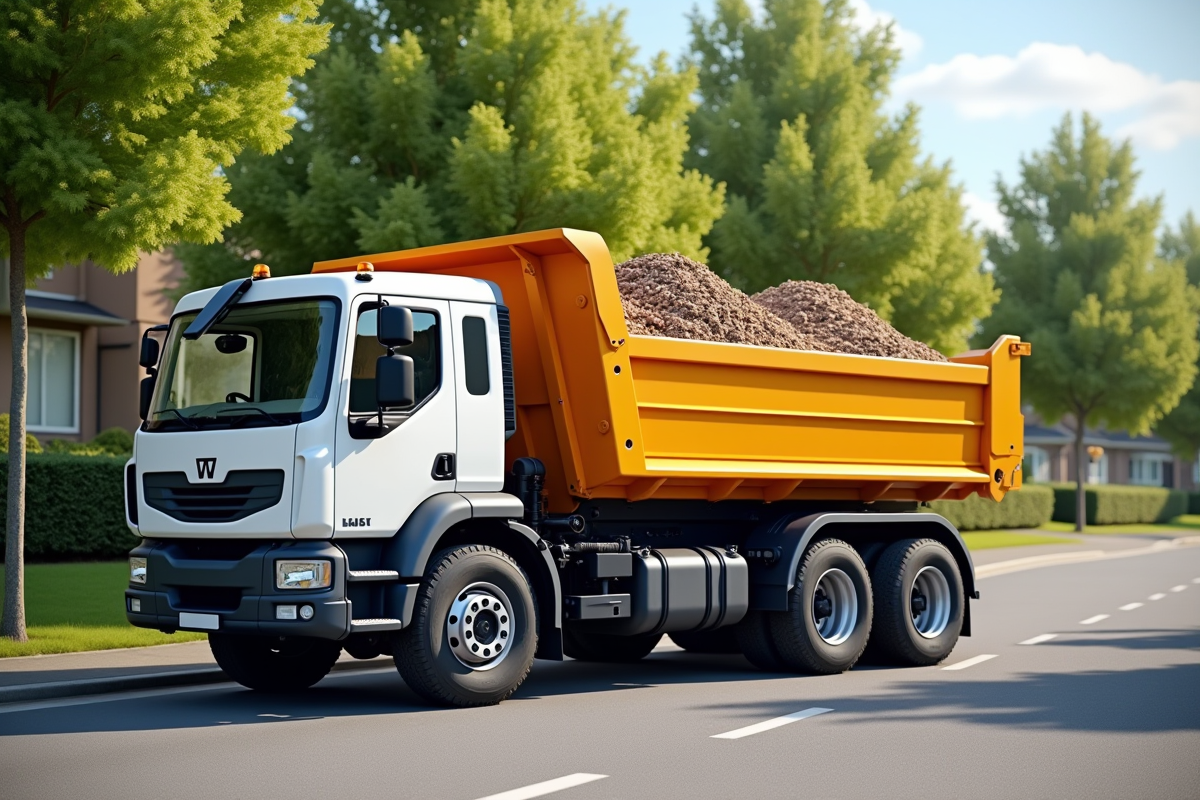 Camion benne de 10 m3 garé dans un quartier avec matériaux de jardin