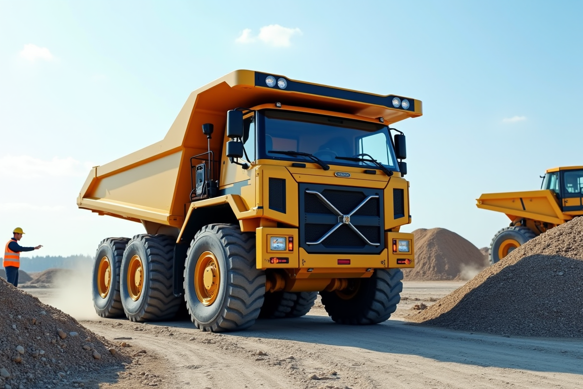 Camion benne moderne de 10 m3 déchargeant gravier sur un chantier