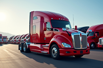 Camion semi rouge neuf devant un concessionnaire avec d autres camions modernes