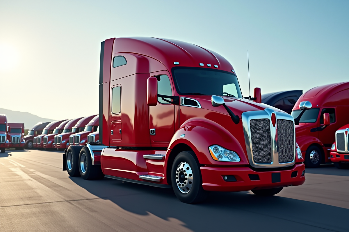 Camion semi rouge neuf devant un concessionnaire avec d autres camions modernes