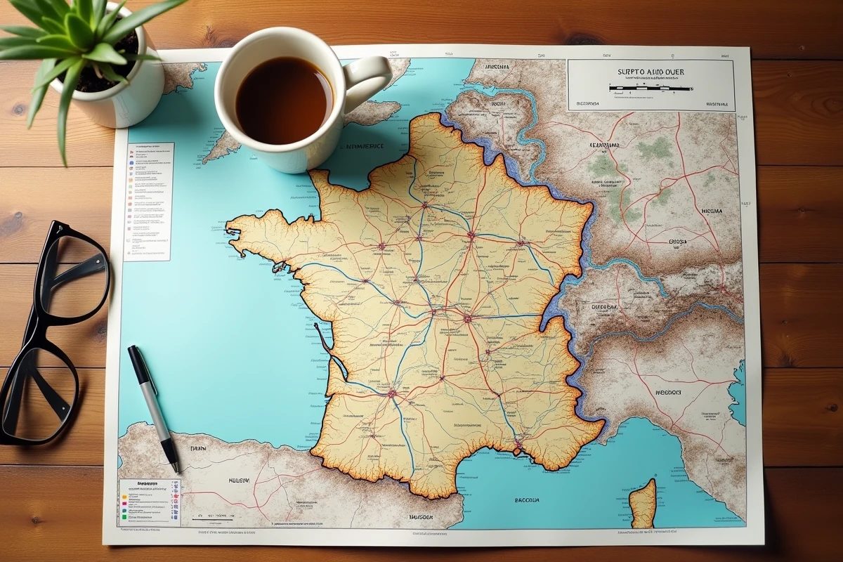 Carte des autoroutes françaises dépliée sur une table avec café et lunettes de conduite en vue de dessus