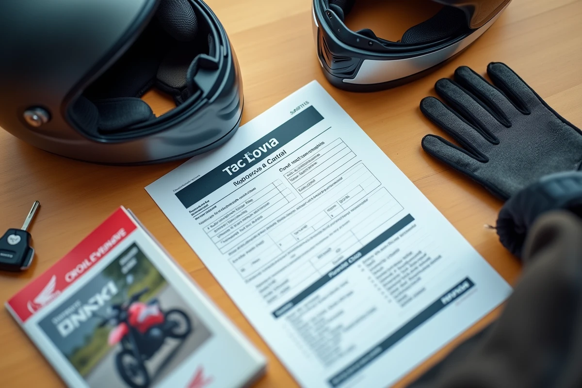 Documents carte grise et assurance scooter Honda 125 avec équipements et clé sur un bureau