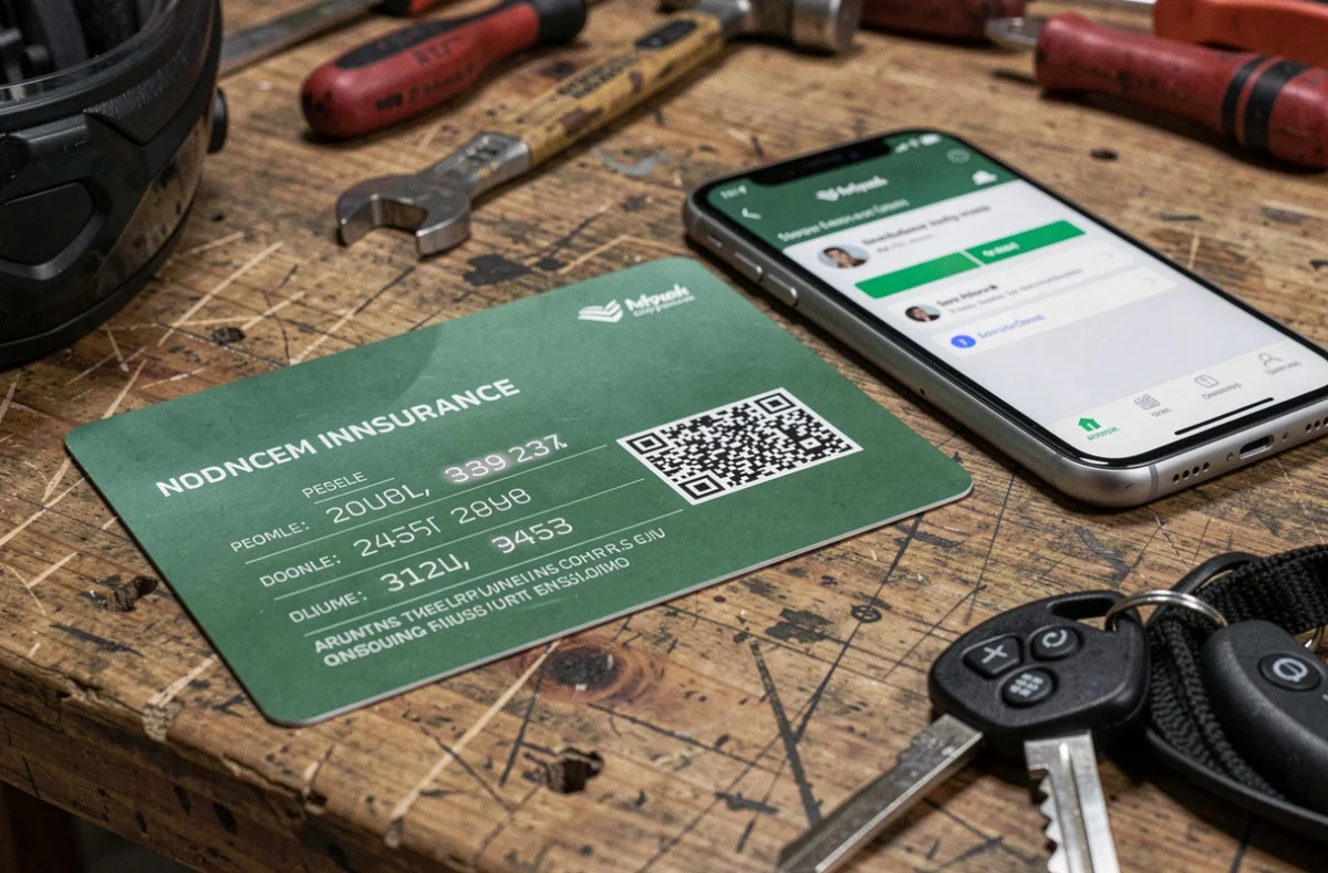 Carte verte d'assurance moto posée sur une table avec smartphone et clés de moto