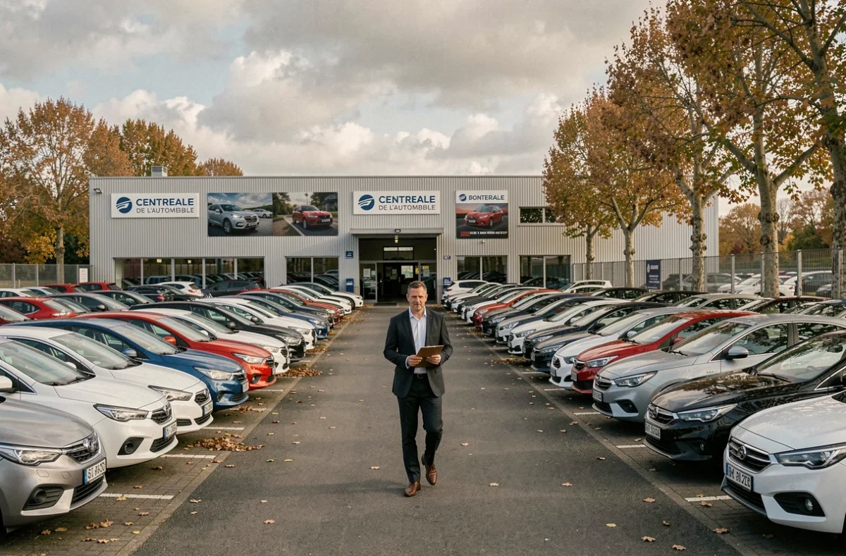 Vue d'ensemble du parking de Centrale De L'Automobile avec un directeur commercial traversant les rangées de véhicules d'occasion