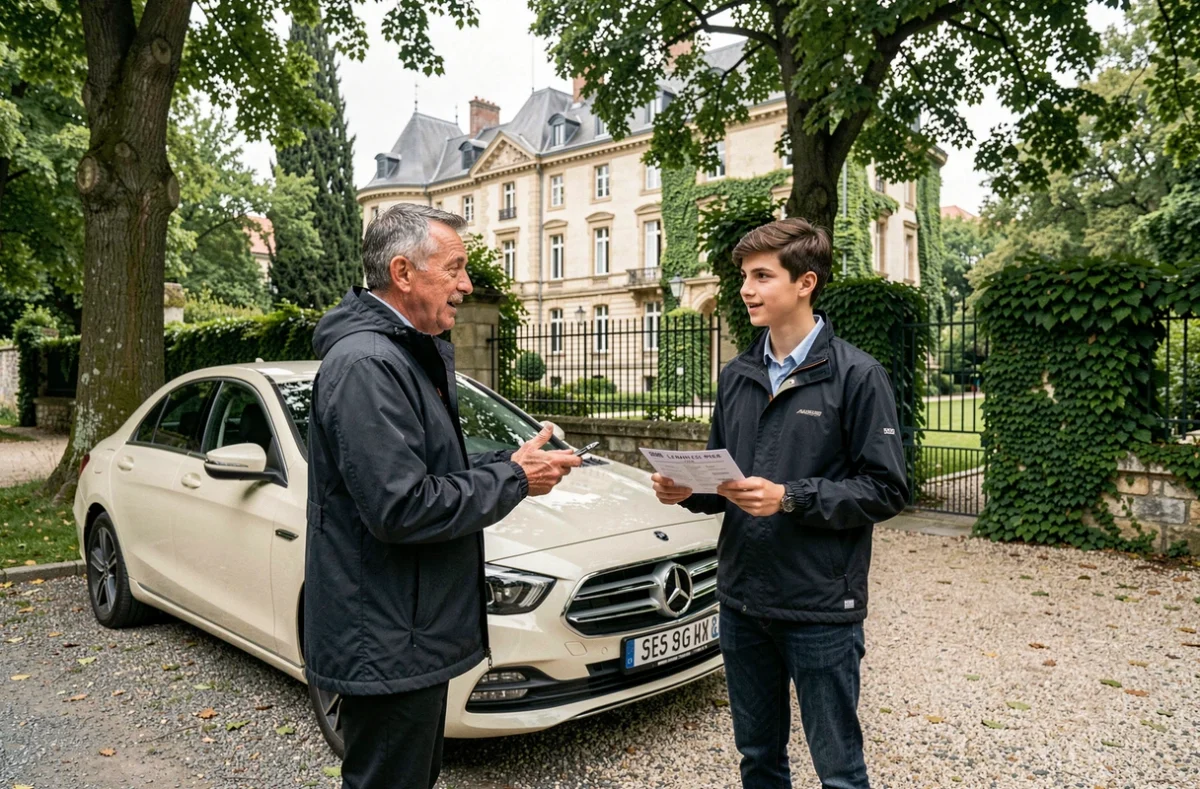 Un moniteur du CER du Château d'Ormesson à Ormesson-sur-Marne devant une voiture école avec un élève près du domaine historique
