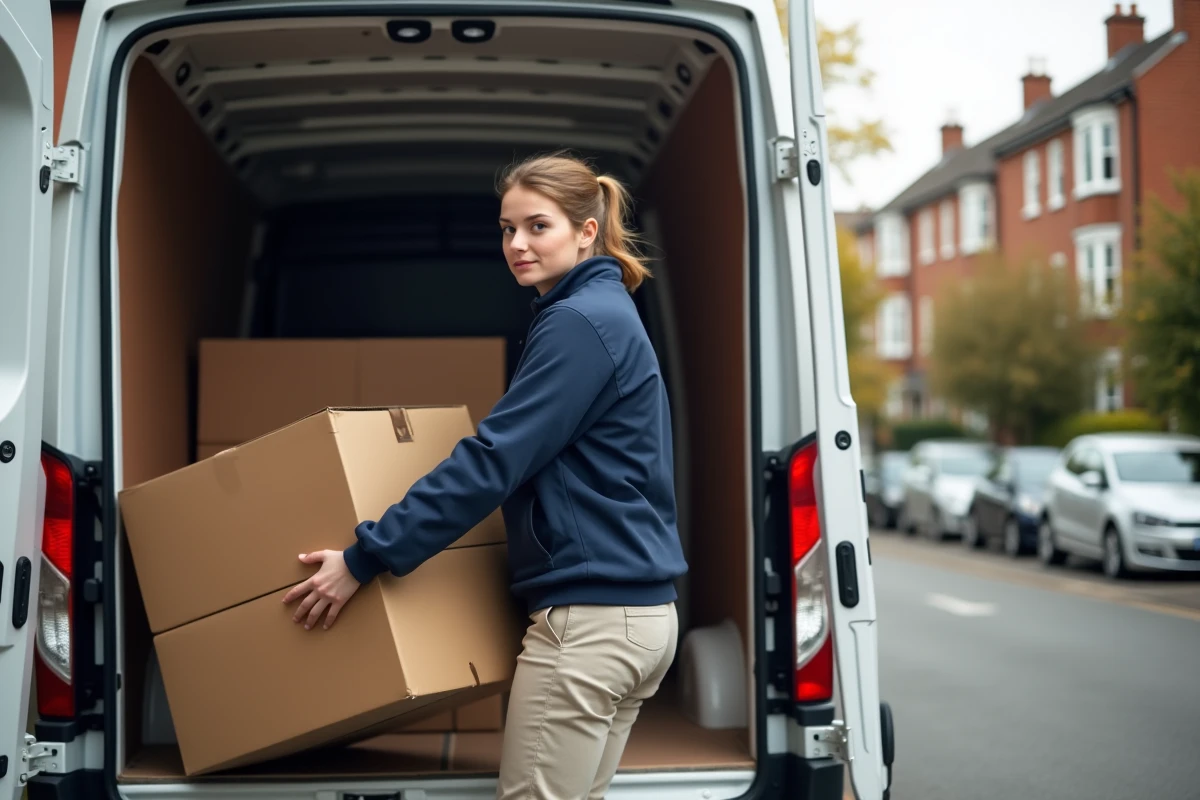 Jeune femme chargeant des cartons dans un utilitaire de location Super U dans une rue résidentielle