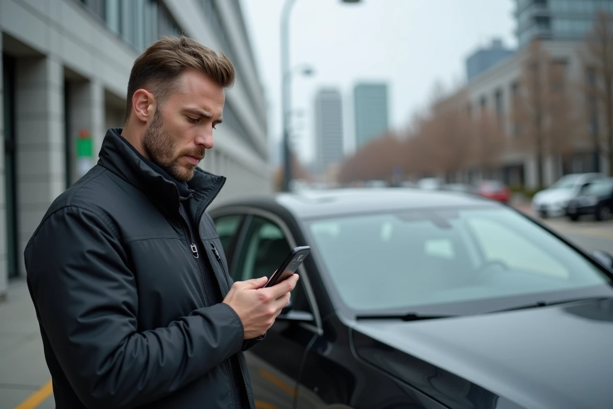 Chauffeur VTC vérifiant ses droits d'équivalence sur smartphone avant de déposer son dossier