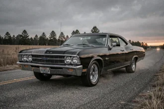 La célèbre Chevrolet Impala noire 1967 de la série Supernatural garée sur une route rurale déserte