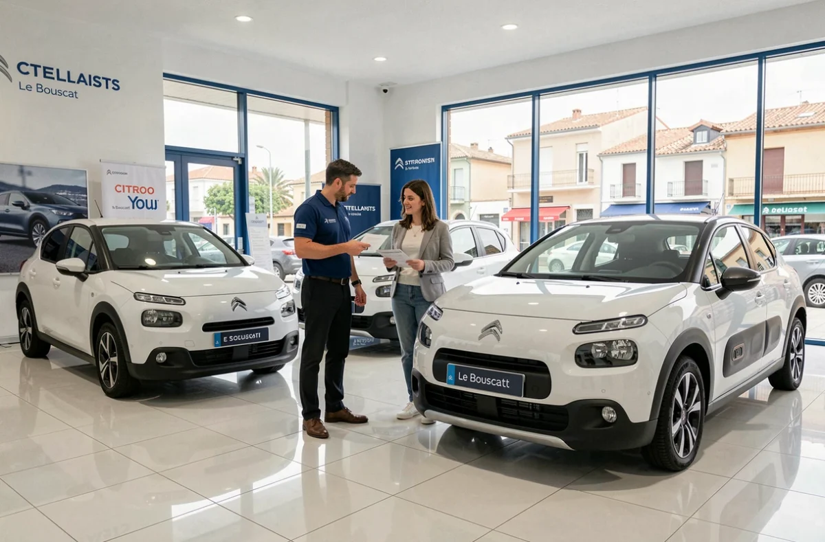 Showroom Citroën Stellantis & You au Bouscat avec un conseiller présentant un véhicule d'occasion à une cliente devant des bannières de marque