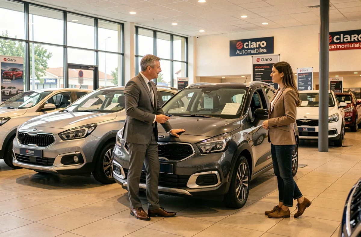 Intérieur du showroom Claro Automobiles à Vitry-sur-Seine avec un conseiller commercial et une cliente examinant une voiture d'occasion
