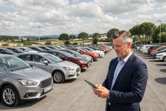Vue large d'un parking de voitures d'occasion en Gironde avec un vendeur consultant sa tablette devant des rangées de véhicules multicolores