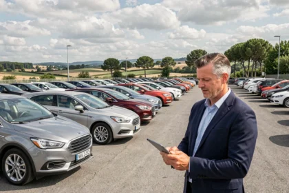 Vue large d'un parking de voitures d'occasion en Gironde avec un vendeur consultant sa tablette devant des rangées de véhicules multicolores