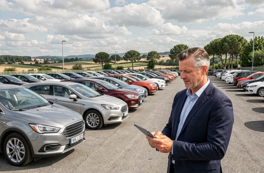 Vue large d'un parking de voitures d'occasion en Gironde avec un vendeur consultant sa tablette devant des rangées de véhicules multicolores