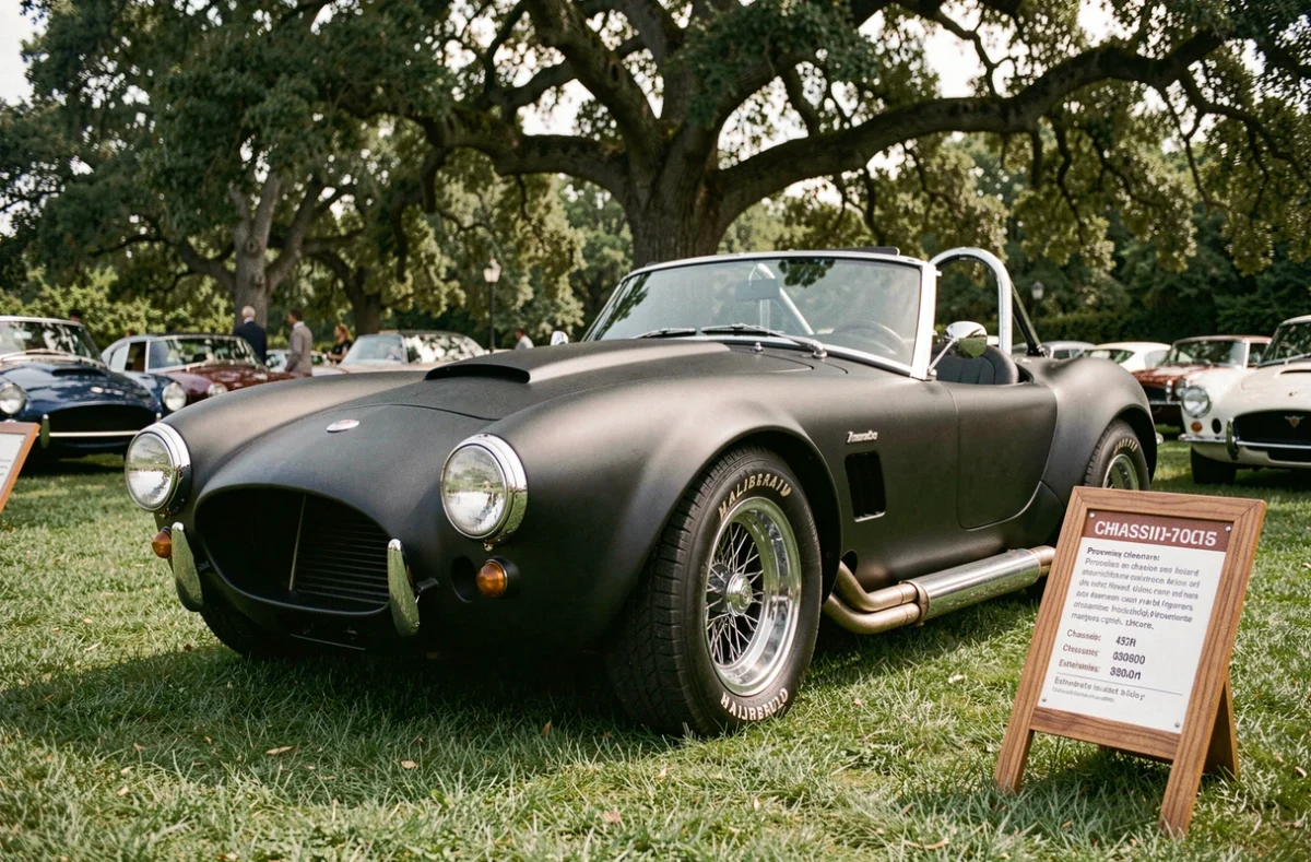 Cobra 427 noire exposée sur gazon lors d'un concours d'élégance avec panneau d'estimation de valeur