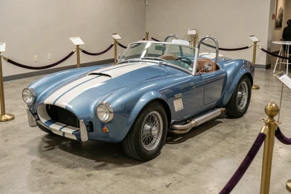Cobra Shelby 1965 bleue exposée dans une salle de vente aux enchères avec plaquettes de prix