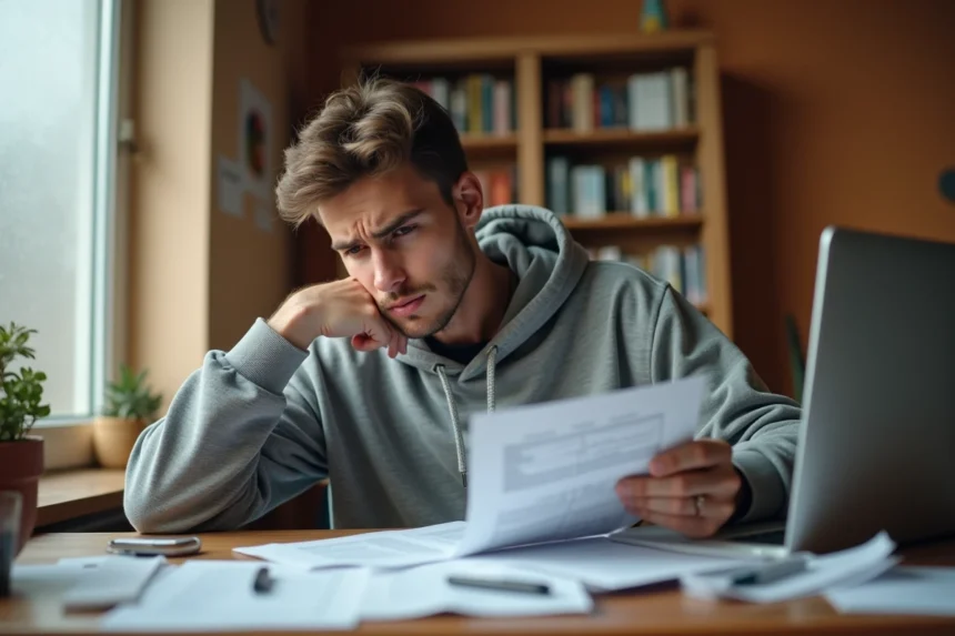 Jeune homme frustré assis à un bureau tenant un livret de code de la route périmé, illustrant la situation d'un permis non obtenu et d'un code expiré
