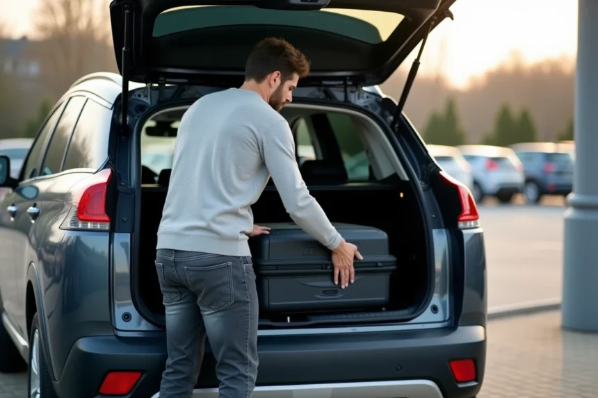 Coffre du Peugeot 3008 grand ouvert avec une valise chargée par un homme dans un parking