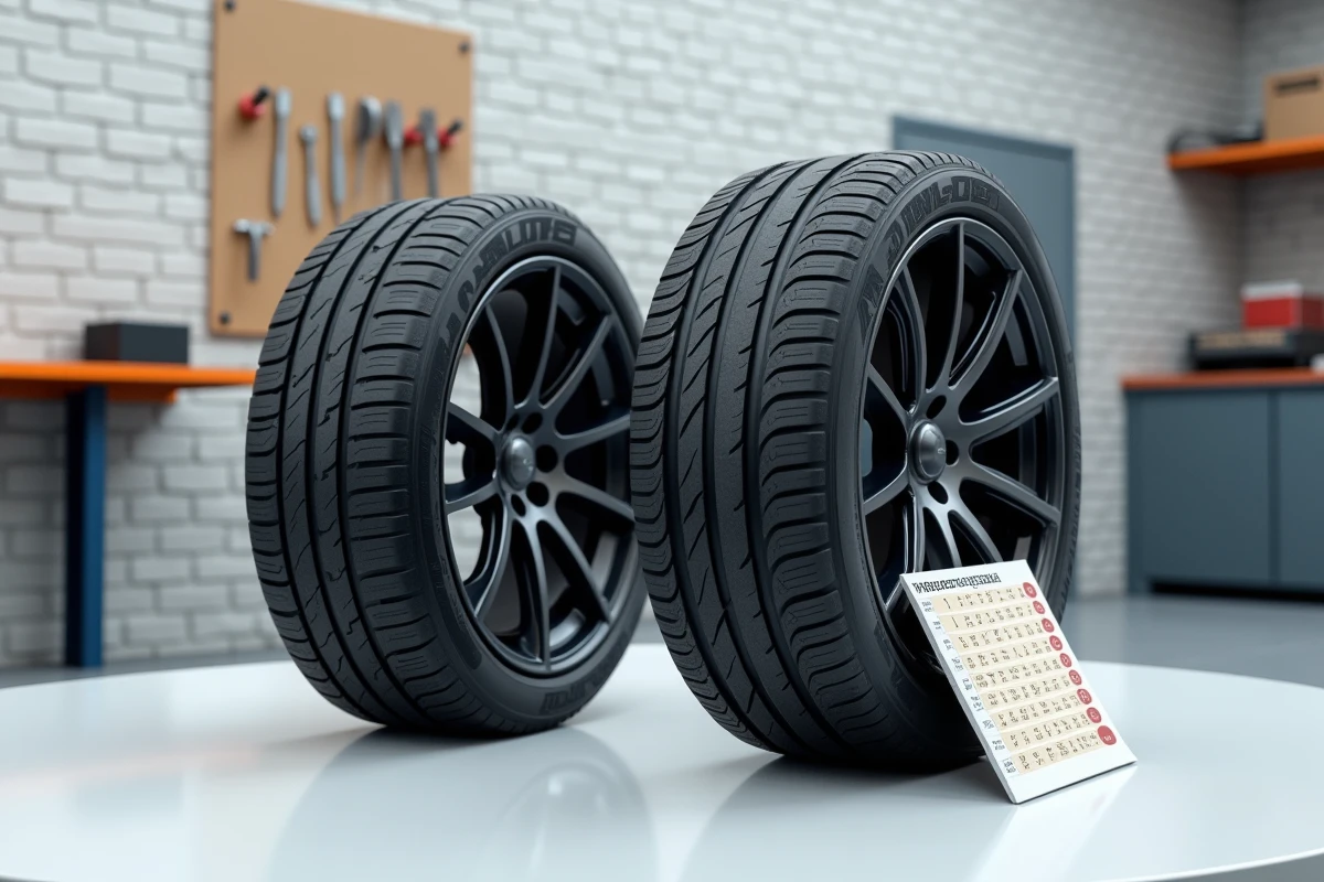 Comparaison côte à côte d'un pneu standard et d'un pneu large monté sur jante en alliage en atelier automobile