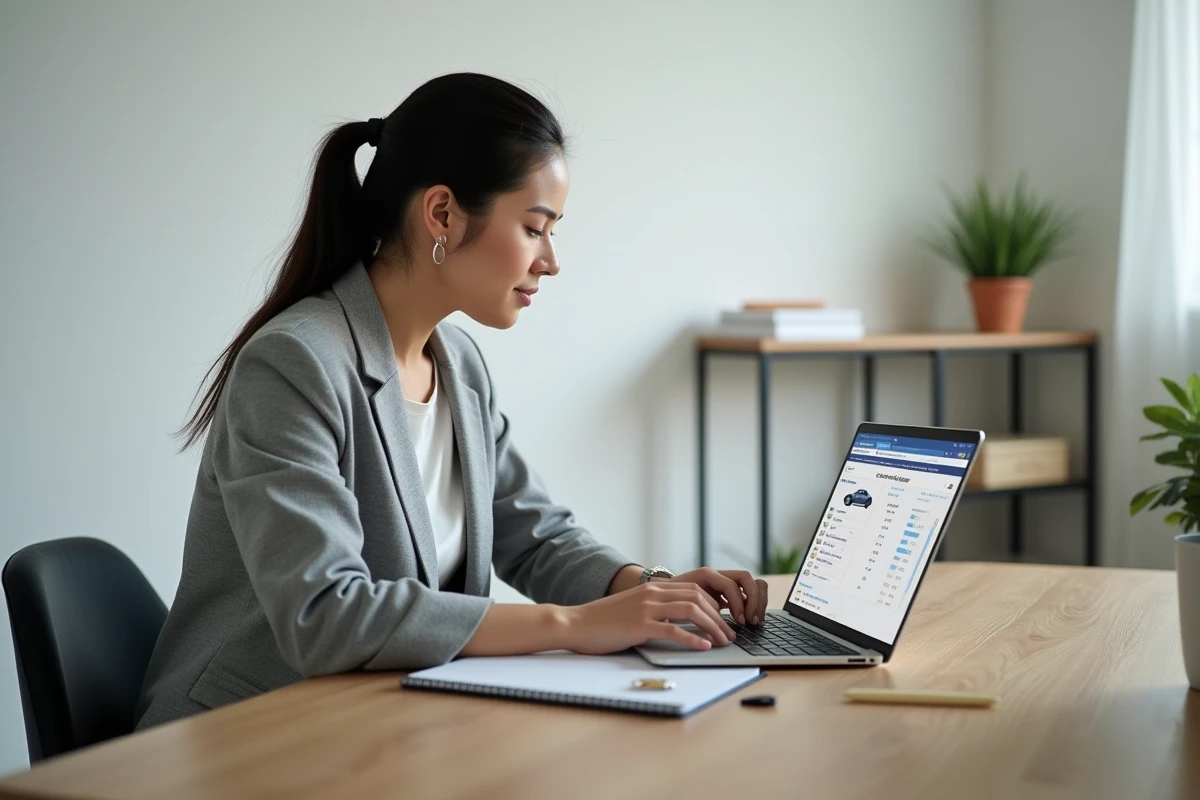 Femme comparant les prix de voitures en ligne sur un ordinateur portable lors d'une recherche sur Aramisauto