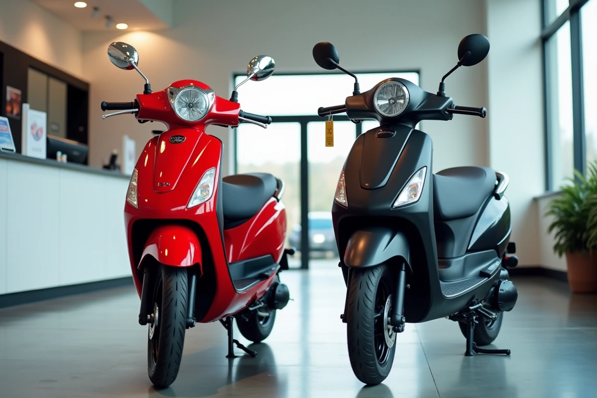 Comparaison côte à côte d'un scooter 50cc essence et d'un scooter électrique en concession
