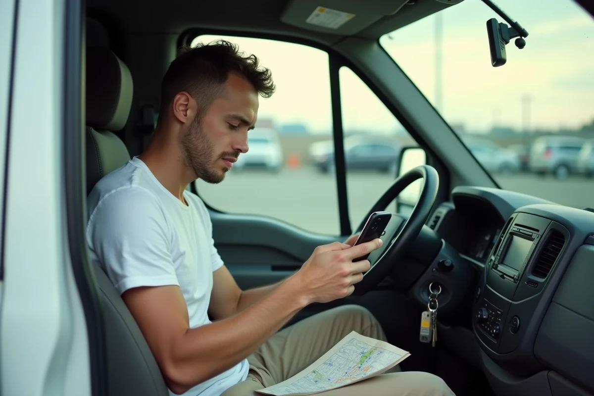 Jeune homme consultant une application de comparaison de tarifs de location utilitaire depuis l'intérieur d'un van Super U