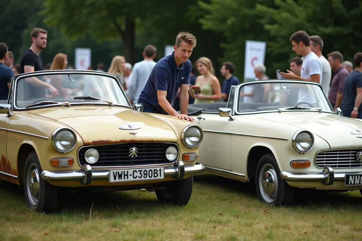 Comparaison de deux Peugeot 403 cabriolet côte à côte lors d'un salon de voitures classiques, originale versus copie restaurée