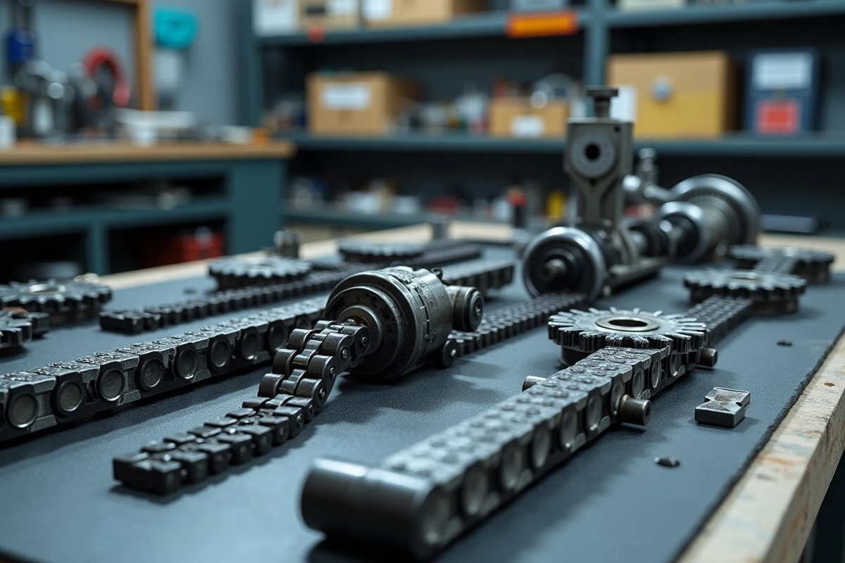 Chaîne de distribution et composants du moteur 1.6 HDi démontés et disposés sur un établi d'atelier