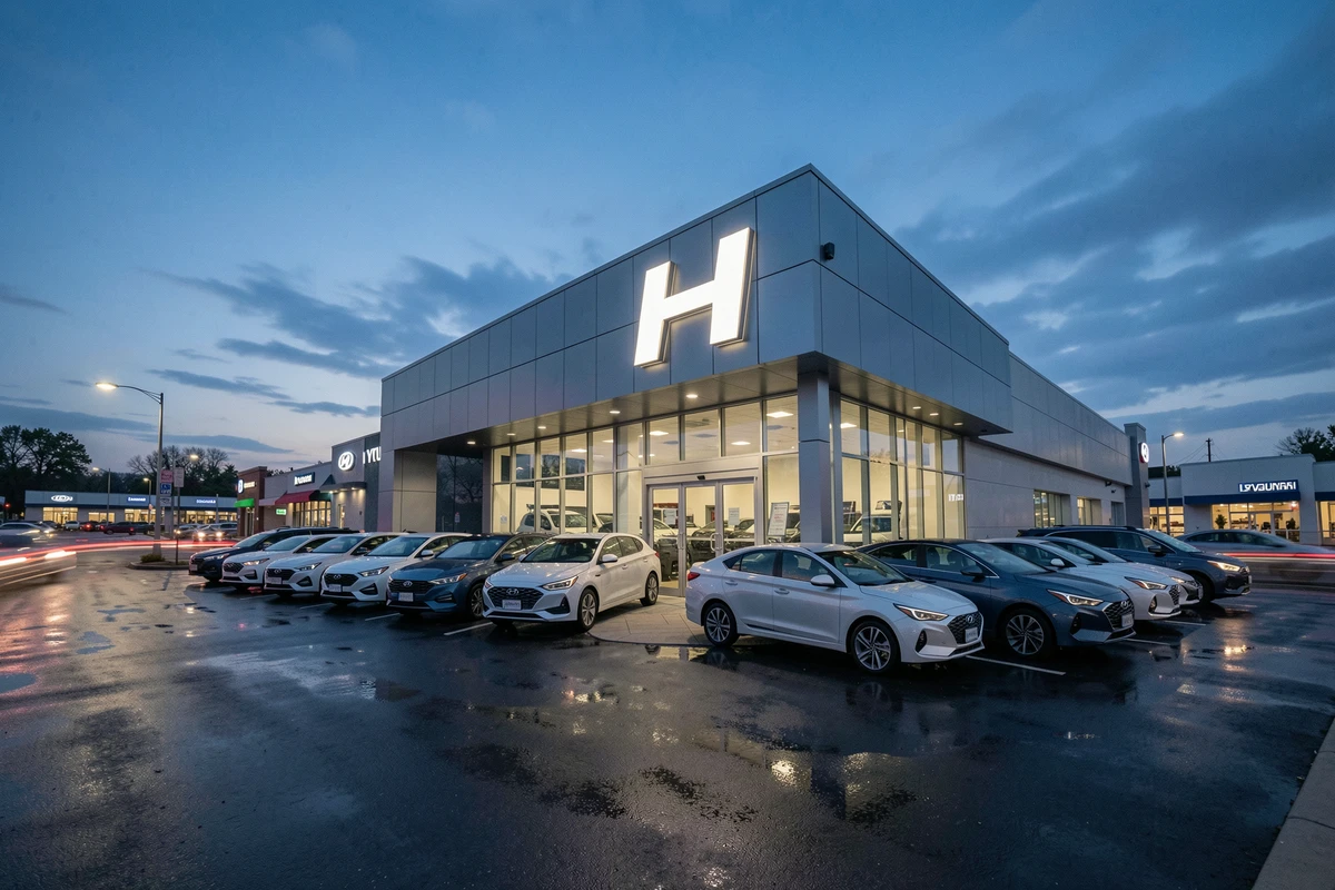 Façade d'une concession Hyundai au crépuscule avec le logo H illuminé au-dessus de l'entrée vitrée, reflets sur l'asphalte mouillé