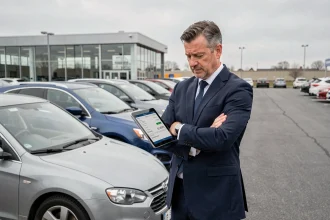 Concessionnaire automobile professionnel examinant des données de transaction sur tablette dans un parc de véhicules d'occasion, illustrant les opportunités des transak autos pour professionnels